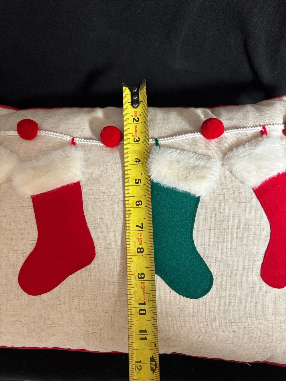 Christmas Stocking Decor Pillow Green and Red, Cream Color
